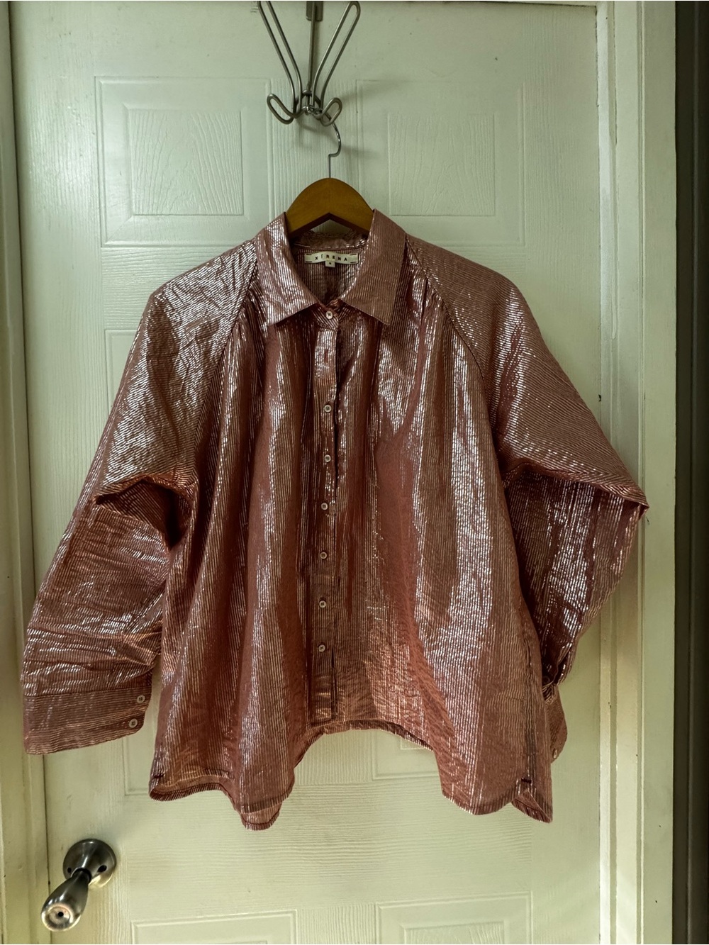 XiRENA Metallic Rose Gold Button-Down Shirt